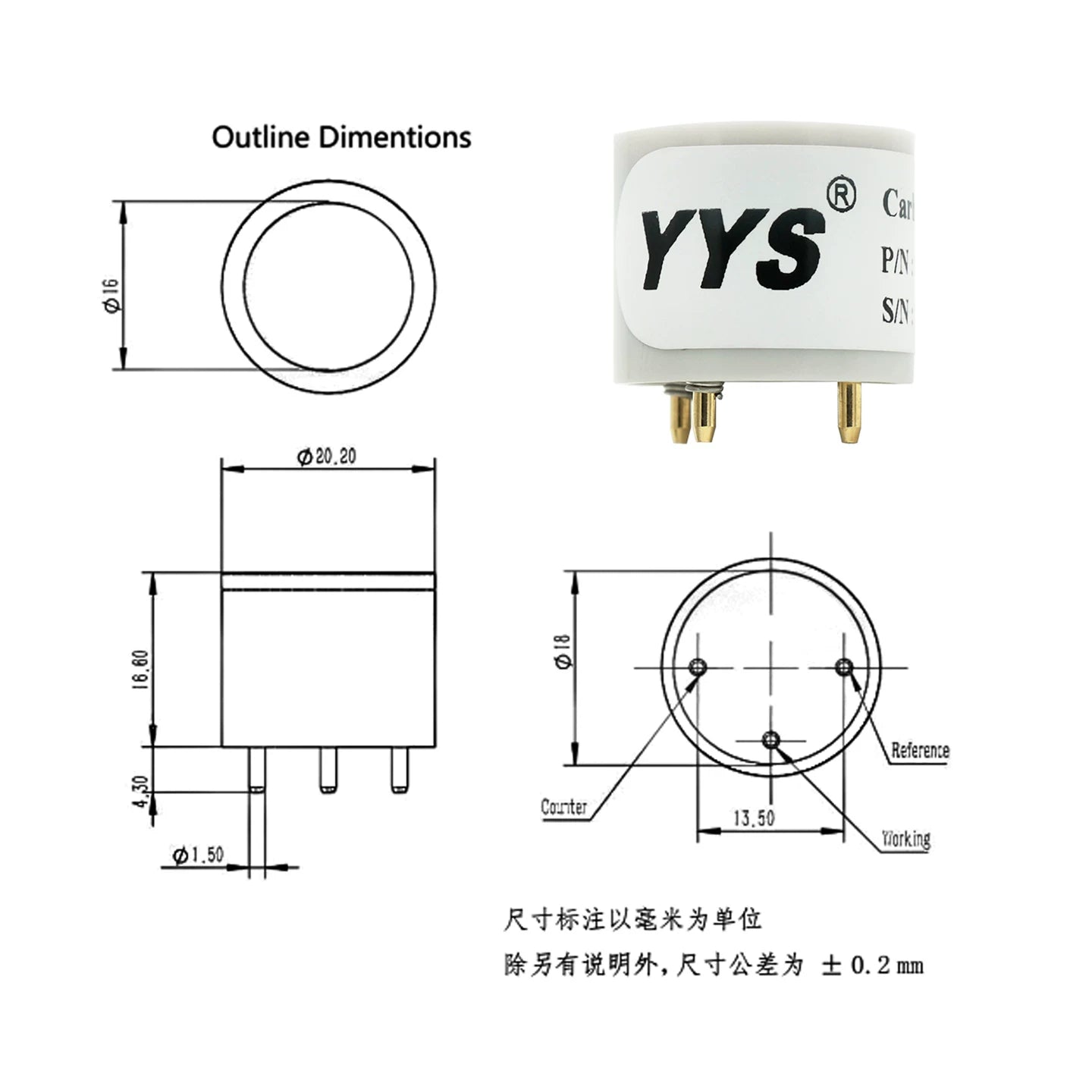YE-4CO ETO / HCl / CO / SO2 / NO2 / H2S Sensing Element