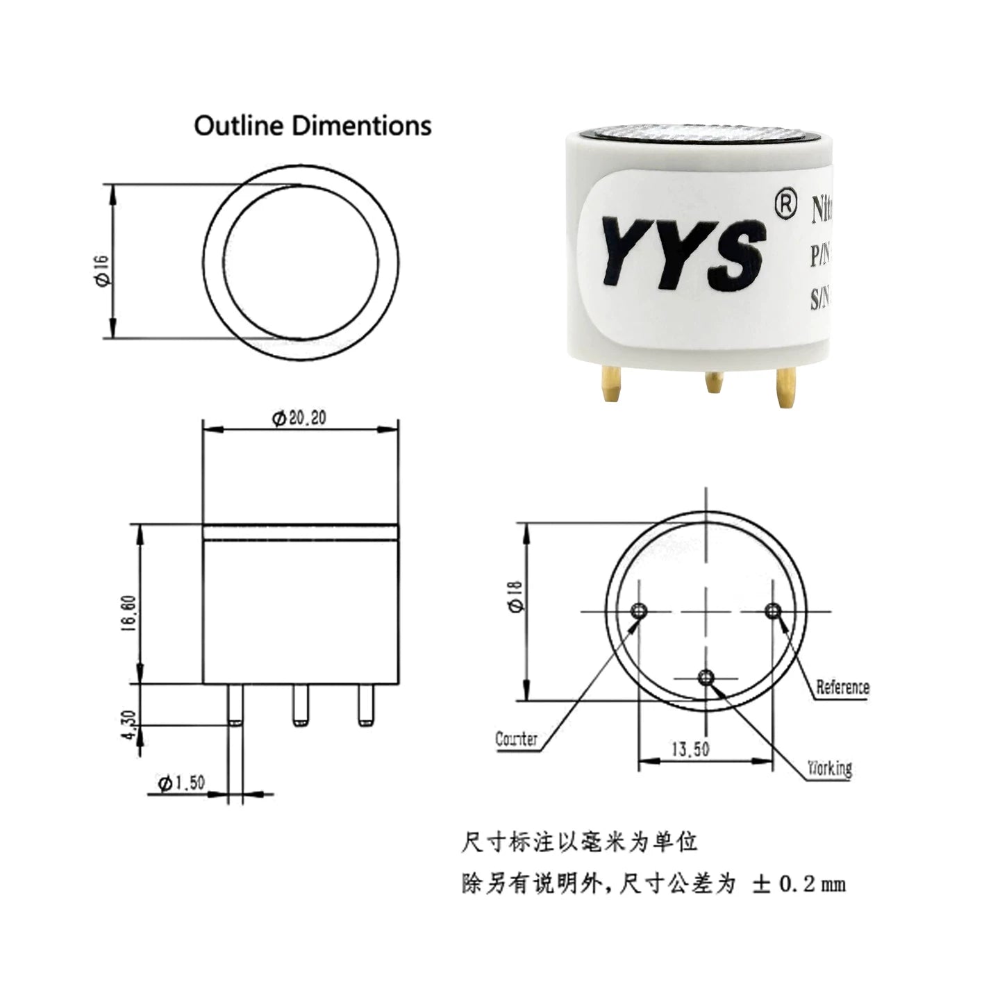 YE-4NO2 ETO / HCl / CO / SO2 / NO2 / H2S Sensing Element